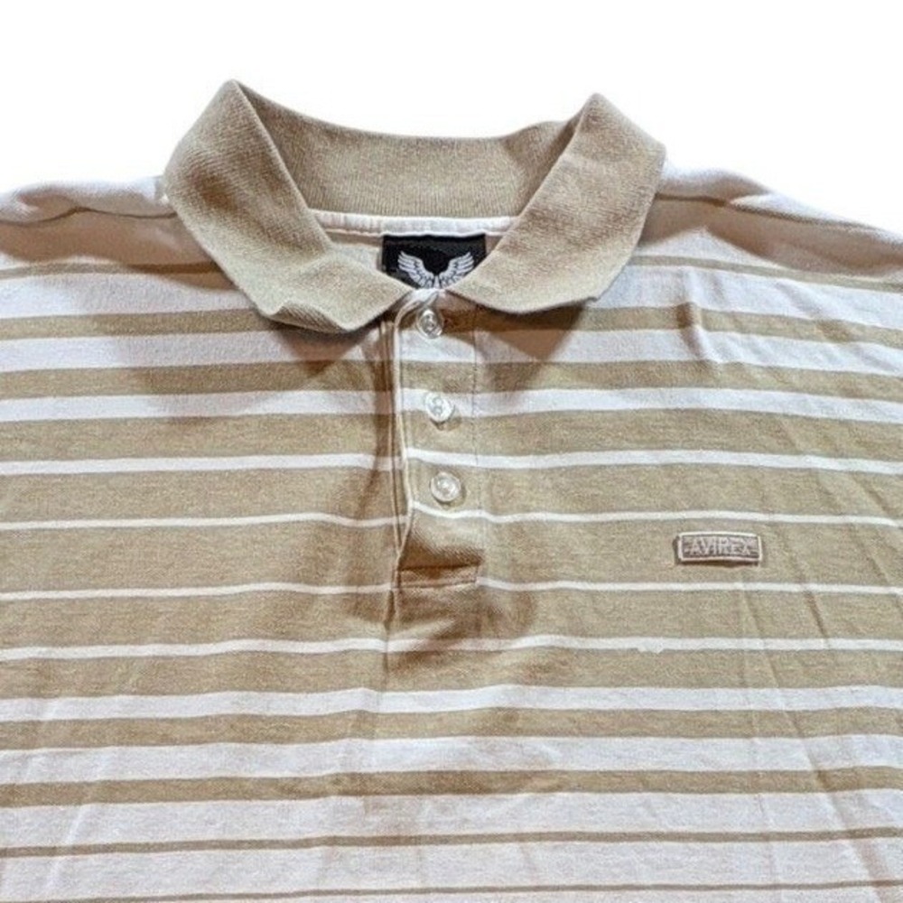 Avirex Polo Shirt Mens Large Tan White Striped Cotton Short Sleeve Casual Pique